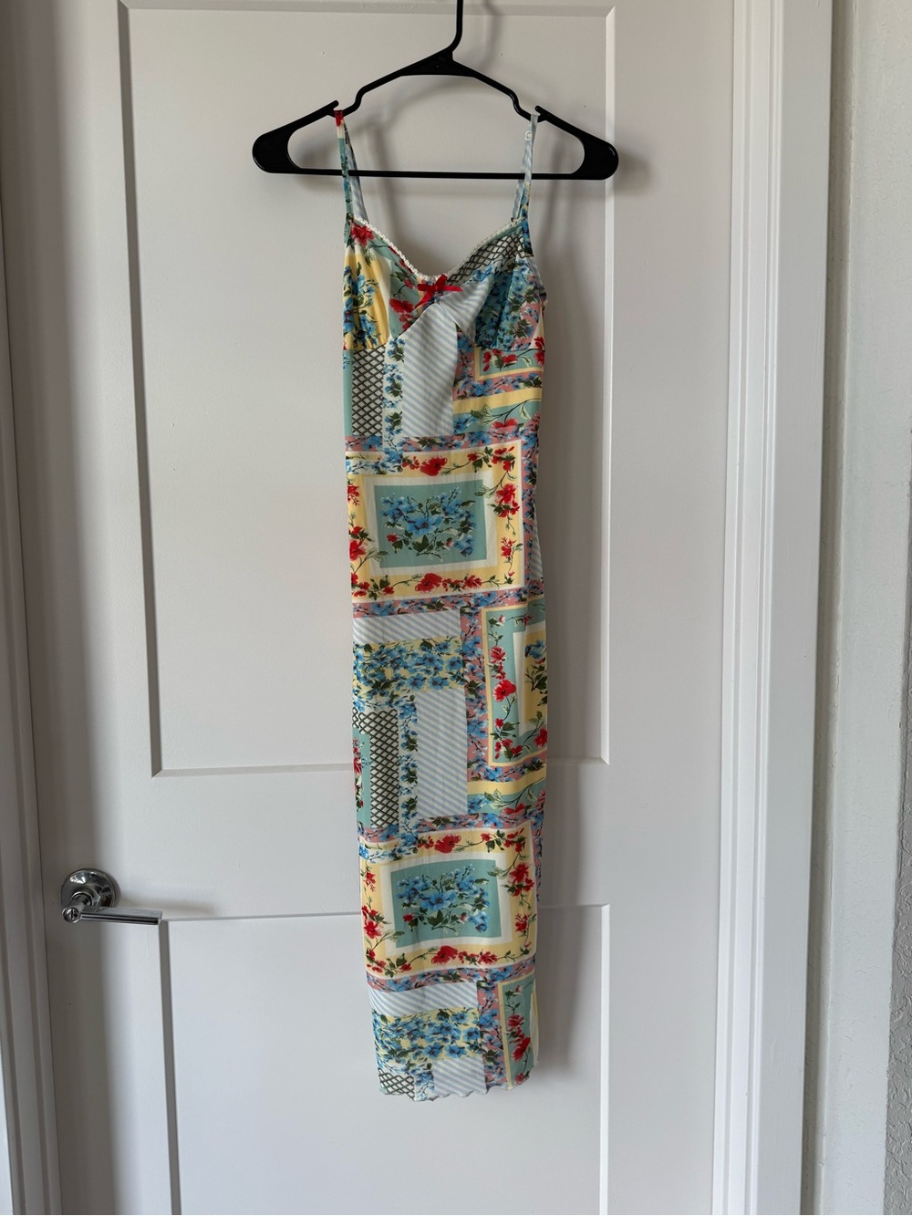 Spaghetti Strap Floral Patchwork Midi Dress in Yellow and Blue